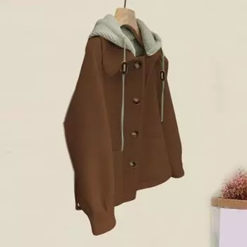 Женское осенне-зимнее пальто, имитация двухкомпонентного трикотажного капюшона, однобортная куртка с длинными рукавами M кофейный