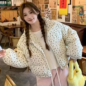 Женское осенне-зимнее пальто из хлопка с цветочным принтом Женская зимняя теплая куртка из хлопка с коротким воротником-стойкой Пальто из хлопка Плотное пальто S