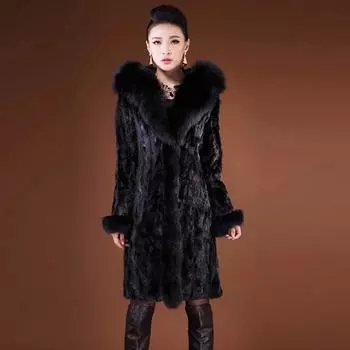 Женское осенне-зимнее пальто из искусственного меха норки, большое пальто, пальто средней длины с меховым воротником большого размера S чёрный