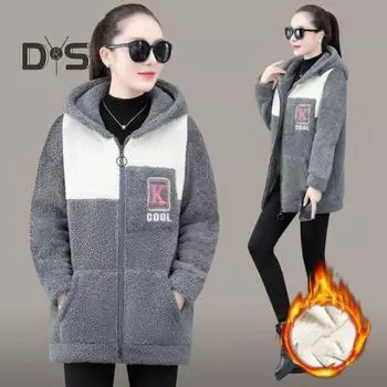 Женское осенне-зимнее пальто из толстого флиса с цветными блоками, длинными рукавами, карманами с капюшоном, средней длины, кардиган на молнии, теплая свободная женская куртка 3XL чёрный