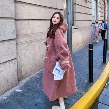 Женское осенне-зимнее пальто, куртка с капюшоном, однотонное пальто с длинными рукавами, теплая и элегантная свободная повседневная куртка XXL розовый