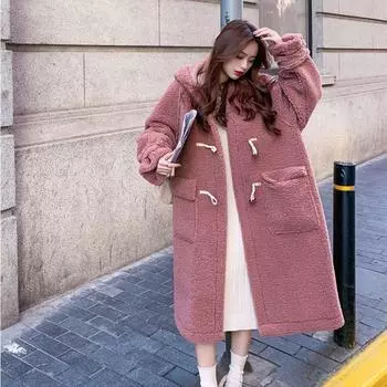 Женское осенне-зимнее пальто, куртка с капюшоном, однотонное пальто с длинными рукавами, теплая и элегантная свободная повседневная куртка L розовый