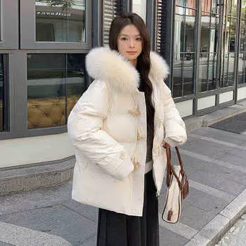 Женское осенне-зимнее пальто, однотонное, с роговыми пуговицами, с капюшоном и меховым воротником, свободная, утолщенная, ветрозащитная женская куртка S чёрный