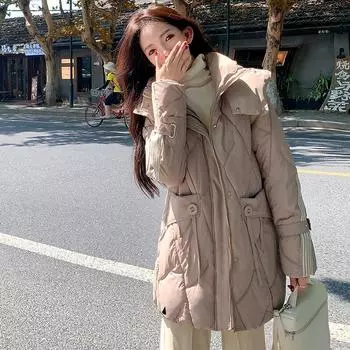 Женское осенне-зимнее пальто однотонное с капюшоном свободное утолщенное ветрозащитное средней длины женская куртка M чёрный