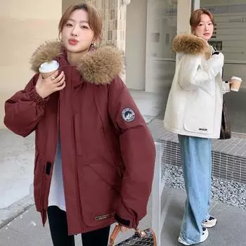 Женское осенне-зимнее пальто, однотонное, с капюшоном и меховым воротником, короткая, свободная, утолщенная, ветрозащитная, модная женская куртка S чёрный