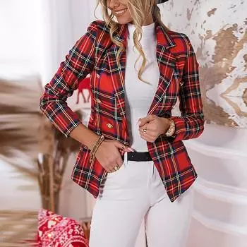 Женское осенне-зимнее пальто с длинным рукавом и клетчатым принтом, кардиган с воротником, костюм, топ красный