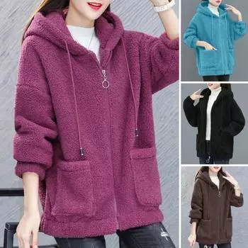Женское осенне-зимнее пальто с капюшоном и шнурком, с длинными рукавами и карманами на молнии, толстый плюшевый кардиган, верхняя одежда, уличная одежда L кофейный
