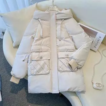 Женское осенне-зимнее пальто с капюшоном и длинными рукавами и большим карманом на шнурке, однотонная теплая парка M бежевый