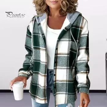 Женское осенне-зимнее пальто с капюшоном на шнурке, клетчатый принт с длинными рукавами, однобортный толстый плюшевый теплый кардиган, повседневное повседневное пальто 2XL зелёный