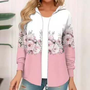 Женское осенне-зимнее пальто с капюшоном с цветочным принтом и застежкой-молнией с длинным рукавом, толстая теплая цветовая гамма, свободная мягкая эластичная манжета, женская куртка, толстовка M фиолетовый
