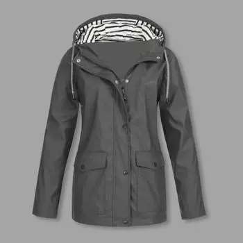 Женское осенне-зимнее пальто с капюшоном, ветрозащитное, с длинными рукавами, застежкой-молнией на кнопках, однотонное, с накладными карманами, повседневная куртка для активного отдыха L темно-синий