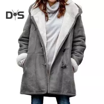 Женское осенне-зимнее пальто с капюшоном из мягкого плюша с длинным рукавом, толстое средней длины, ветрозащитное, морозостойкие пуговицы, свободные карманы, женская куртка L фиолетовый