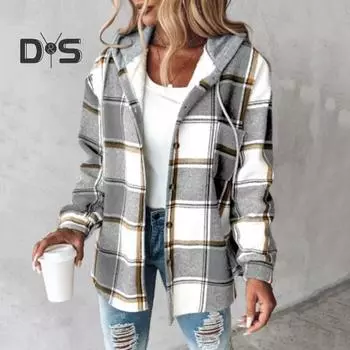 Женское осенне-зимнее пальто с капюшоном на шнурке, клетчатый принт с длинными рукавами, однобортный толстый плюшевый теплый кардиган, повседневное повседневное пальто 2XL хаки