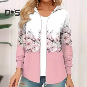 Женское осенне-зимнее пальто с капюшоном с цветочным принтом и застежкой-молнией с длинным рукавом, толстая теплая цветовая гамма, свободная мягкая эластичная манжета, женская куртка, толстовка M фиолетовый