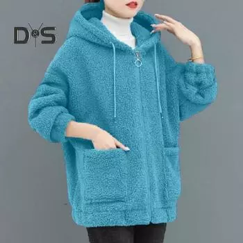 Женское осенне-зимнее пальто с капюшоном и шнурком, с длинными рукавами и карманами на молнии, толстый плюшевый кардиган, верхняя одежда, уличная одежда 2XL чёрный