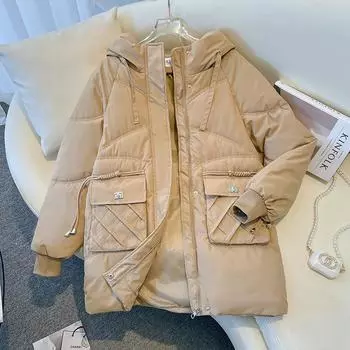 Женское осенне-зимнее пальто с капюшоном и длинными рукавами и большим карманом на шнурке, однотонная теплая парка M чёрный