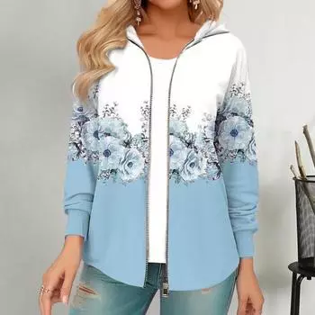 Женское осенне-зимнее пальто с капюшоном с цветочным принтом и застежкой-молнией с длинным рукавом, толстая теплая цветовая гамма, свободная мягкая эластичная манжета, женская куртка, толстовка M фиолетовый
