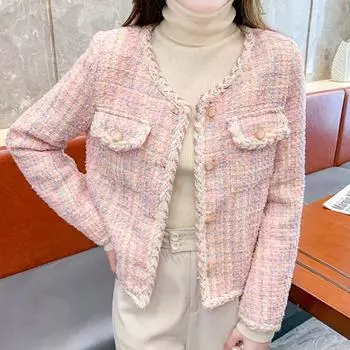 Женское осенне-зимнее пальто с карманами, однобортное, с круглым вырезом, толстое, теплое, с длинными рукавами, клетчатая твидовая женская весенняя куртка, верхняя одежда S розовый