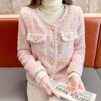 Женское осенне-зимнее пальто с карманами, однобортное, с круглым вырезом, толстое, теплое, с длинными рукавами, клетчатая твидовая женская весенняя куртка, верхняя одежда L розовый