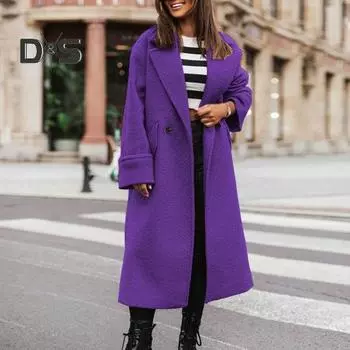 Женское осенне-зимнее пальто с лацканами, свободный длинный стиль, сплошной цвет, толстый кардиган, теплые ветрозащитные карманы, двойные пуговицы, женское пальто с длинным рукавом, верхняя одежда M хаки