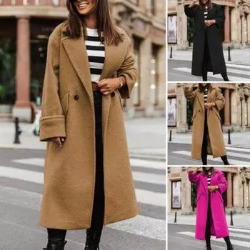 Женское осенне-зимнее пальто с лацканами, свободный длинный стиль, сплошной цвет, толстый кардиган, теплые ветрозащитные карманы, двойные пуговицы, женское пальто с длинным рукавом, верхняя одежда S фиолетовый