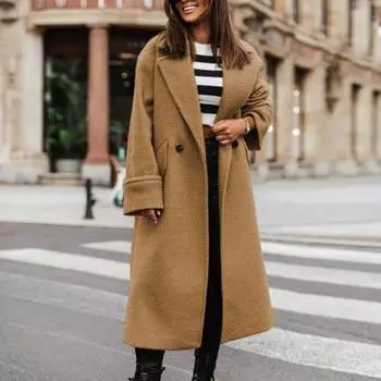 Женское осенне-зимнее пальто с лацканами, свободный длинный стиль, сплошной цвет, толстый кардиган, теплые ветрозащитные карманы, двойные пуговицы, женское пальто с длинным рукавом, верхняя одежда S розы красного