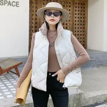 Женское осенне-зимнее пальто с воротником-стойкой, однотонное пальто без рукавов с большим карманом на молнии, свободный теплый хлопковый жилет M бежевый