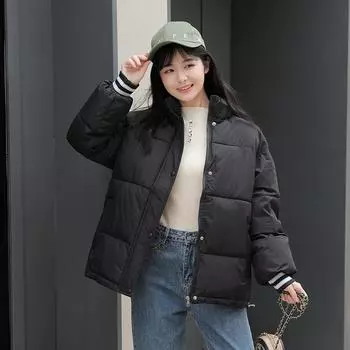 Женское осенне-зимнее пальто с воротником-стойкой, однотонное, с длинным рукавом, на молнии, теплое хлопковое пальто, куртка S чёрный