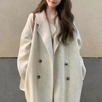 Женское осенне-зимнее пальто со свободными лацканами, утолщенное ветрозащитное, теплое, мягкое, двубортное, однотонное, с карманами, с длинным рукавом, женский плащ средней длины M чёрный