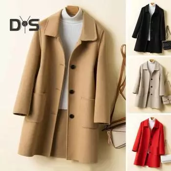 Женское осенне-зимнее пальто свободного кроя, однотонное, толстое, устойчивое к холоду, однобортное, с лацканами, средней длины, с длинными рукавами, с карманами, пальто-основа XL красный