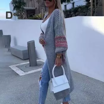 Женское осенне-зимнее пальто, толстый вязаный кардиган с кисточками, эластичный, свободный, подходящий по цвету, устойчивый к холоду, длиной до середины икры, свитер, пальто S серый