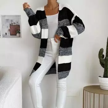 Женское осенне-зимнее пальто, трикотажное, с цветными блоками, высокая эластичность, свободное, с открытой строчкой, с длинным рукавом, средней длины, мягкий, теплый женский свитер, пальто S кофейный