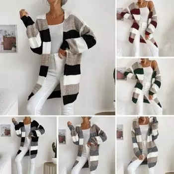 Женское осенне-зимнее пальто, трикотажное, с цветными блоками, высокая эластичность, свободное, с открытой строчкой, с длинным рукавом, средней длины, мягкий, теплый женский свитер, пальто S серый белый