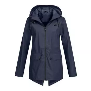 Женское осенне-зимнее пальто, ветрозащитное, с длинными рукавами, с капюшоном, на шнурке, с застежкой-молнией, с нашивками чистого цвета M синий