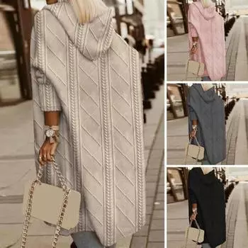 Женское осенне-зимнее пальто вязаное толстое свободное с длинным рукавом мягкий кардиган средней длины с капюшоном мягкая морозостойкая куртка с текстурой ромба свитер пальто S хаки