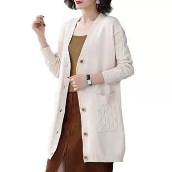 Женское осенне-зимнее пальто, вязаный свитер, однобортное пальто с длинным рукавом, свободная средней длины, толстая теплая однотонная женская куртка абрикосовый