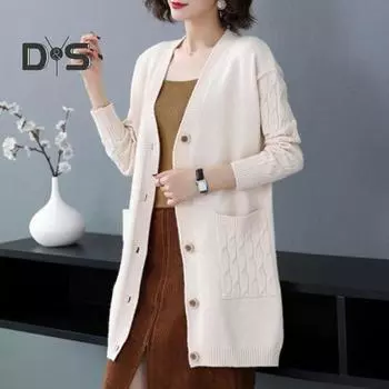 Женское осенне-зимнее пальто, вязаный свитер, однобортное пальто с длинным рукавом, свободная средней длины, толстая теплая однотонная женская куртка чёрный