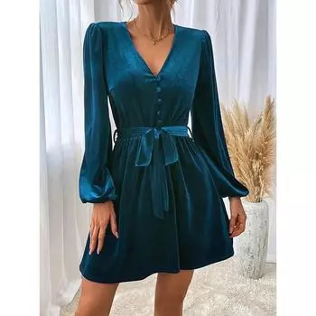 Женское осенне-зимнее платье 2025 года с V-образным вырезом и талией А-образного силуэта, длинное бархатное сексуальное банкетное платье S павлин голубой