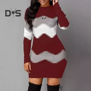 Женское осенне-зимнее платье эластичное полосатое сочетание цветов размера плюс длиной выше колена с длинным рукавом и круглым вырезом Slim Fit Lady Mini Dress M розовый