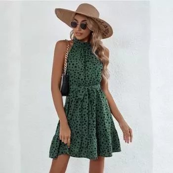 Женское осенне-зимнее платье без рукавов в горошек с лямкой на шее, повседневное трапециевидное платье мини-длины с высокой талией и рюшами по краям S кофейный