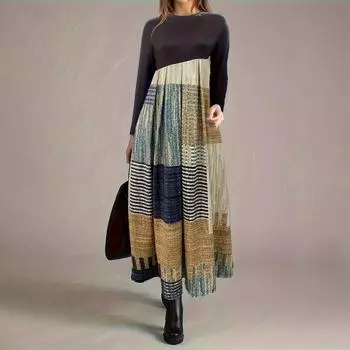 Женское осенне-зимнее платье миди в полоску с цветными блоками, платье трапециевидной формы с длинными рукавами и круглым вырезом, плиссированное подол, уличная одежда M серый