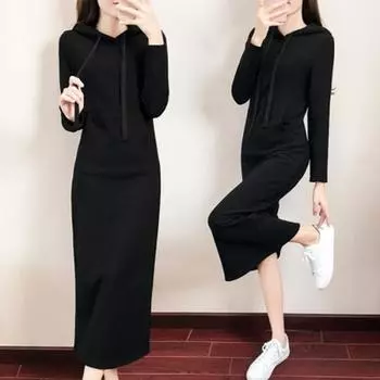 Женское осенне-зимнее платье, модное женское платье с капюшоном и круглым вырезом, с длинным рукавом, чистого цвета, свободное повседневное женское платье M чёрный