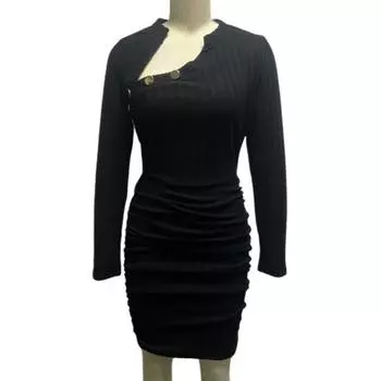 Женское осенне-зимнее платье, облегающий эластичный пуловер с длинным рукавом и пуговицами, полосатый косой вырез, мягкая оболочка, облегающий пуловер длиной выше колена, весна 2XL чёрный