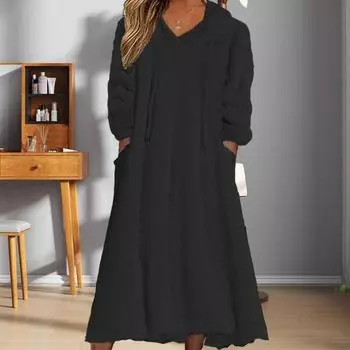 Женское осенне-зимнее платье, однотонное свободное повседневное платье с капюшоном, мягкое фланелевое теплое платье, элегантная женская модная одежда 3XL хаки