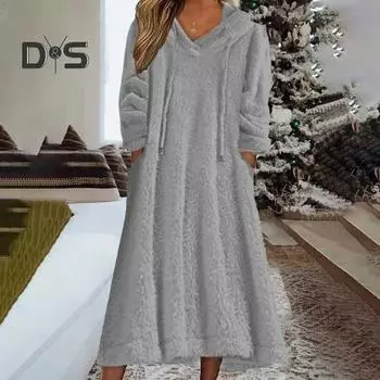 Женское осенне-зимнее платье, однотонное свободное повседневное платье с капюшоном, мягкое фланелевое теплое платье, элегантная женская модная одежда 3XL хаки