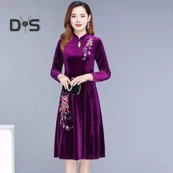 Женское осенне-зимнее платье с большим распашным воротником-стойкой и длинным рукавом с цветочной вышивкой, асимметричное платье трапециевидной формы, мягкий теплый толстый пуловер, женское вечернее платье для выпускного вечера 4XL фиолетовый