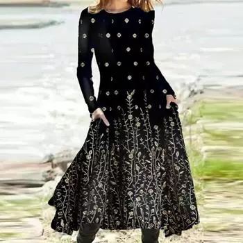 Женское осенне-зимнее платье с длинными рукавами, длинное многоцветное повседневное платье с принтом в виде большого качели S