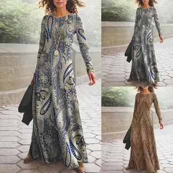 Женское осенне-зимнее платье с круглым вырезом и длинным рукавом с цифровым принтом, платье с длинными рукавами и круглым вырезом L синий