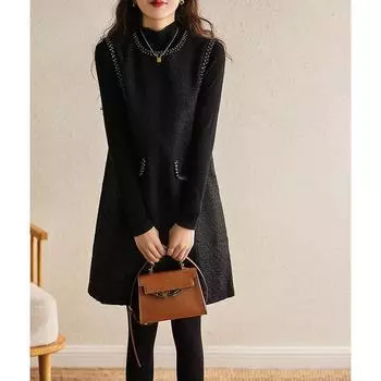 Женское осенне-зимнее платье с круглым вырезом из тонкого тканого твида без рукавов черного цвета S чёрный