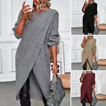 Женское осенне-зимнее платье с нерегулярным разрезом по краю, вязаное свободное мягкое, толстое, теплое, с длинными рукавами, однотонное платье-свитер средней длины XL хаки